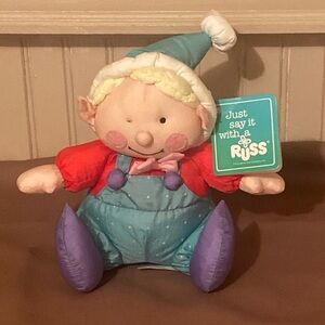 Vintage Russ Puffy Christmas Elf Plush Nylon Doll Stuffed Red Green 9" With Tags
